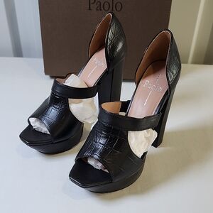 Paolo Black Croc-Embossed Women's Ileana Open Toe Platform Heels Size 6.5
